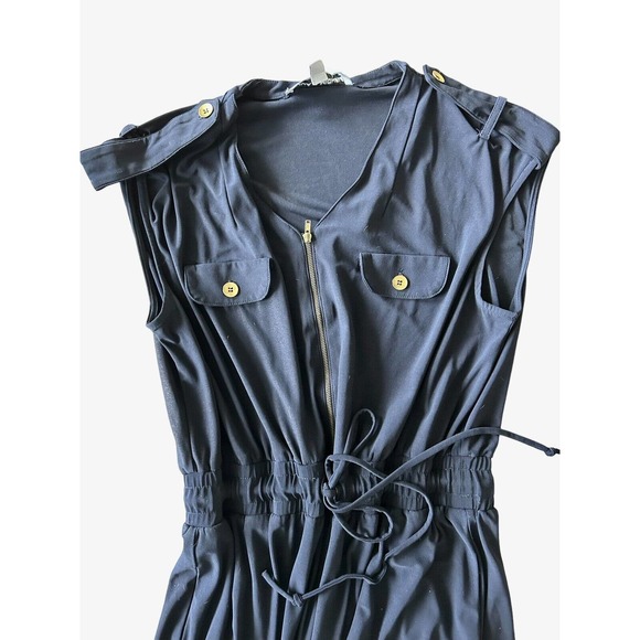 Emma & Michele Jumpsuit Women's Large Navy W/Gold Wide Leg Pant Sleeveless Tie - Picture 4 of 10